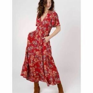 NWT BOTF ABILENE GARNET red FLORAL MAXI DRESS spring summer xs